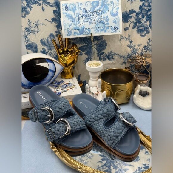 🆕 GIANNI BINI 🧿 NWOB Cecil Two Braided Denim Double Banded Slide Sandals Sz7.5 - Picture 2 of 13